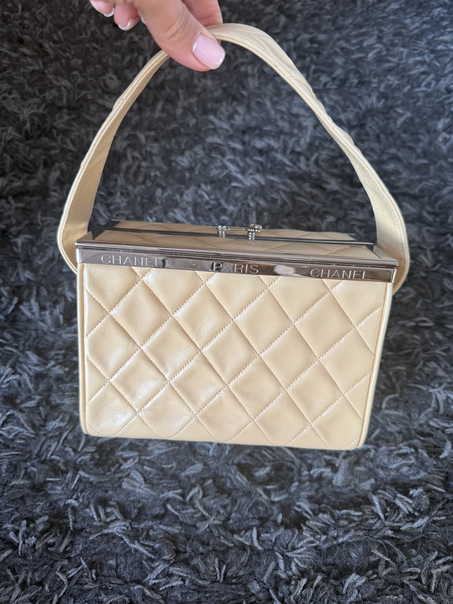 Chanel Chanel Quilted Top Handle Box Bag Lambskin Beige