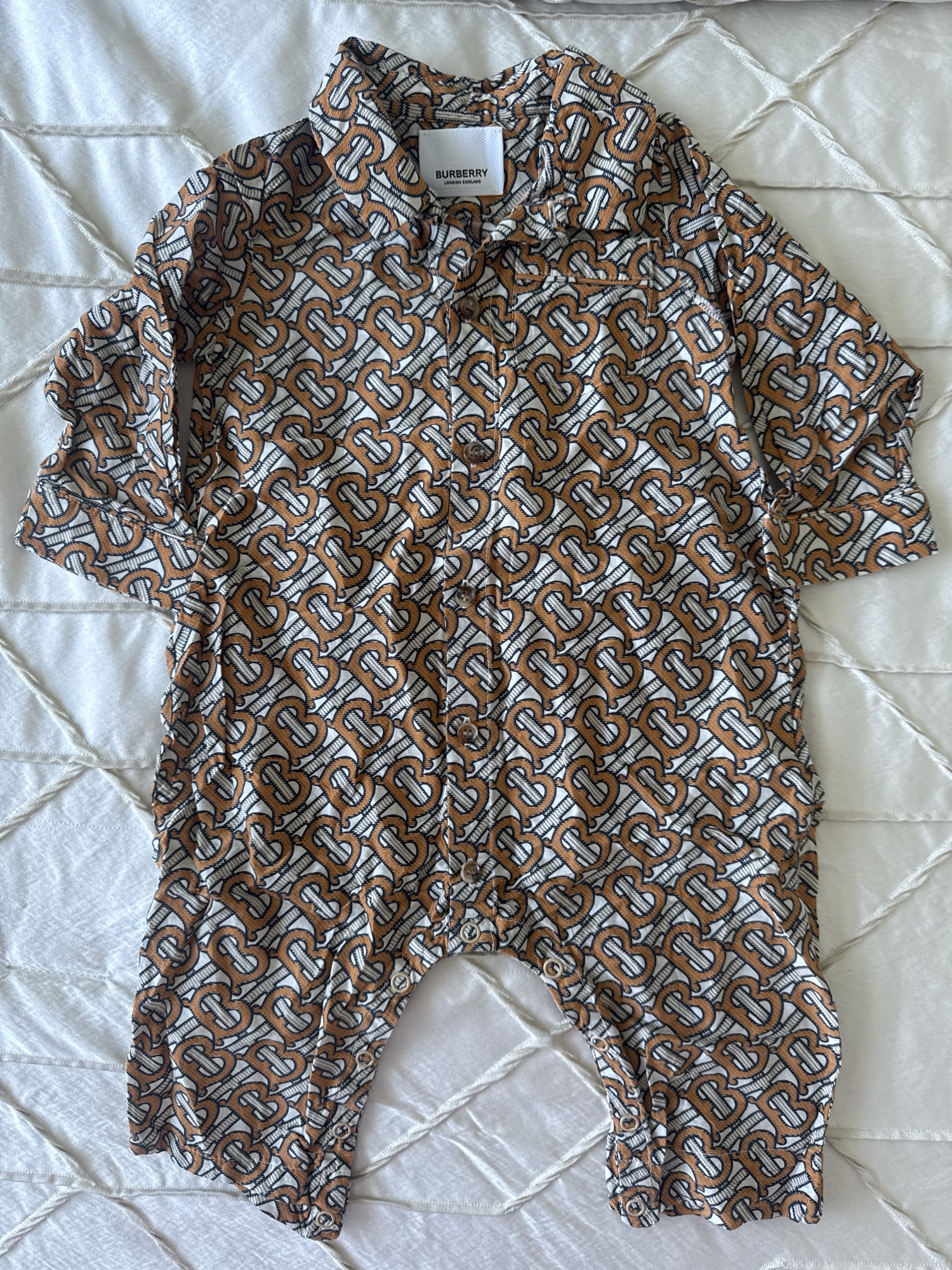 Burberry Burberry Thomas Bear Monogram Baby Romper Cotton Beige